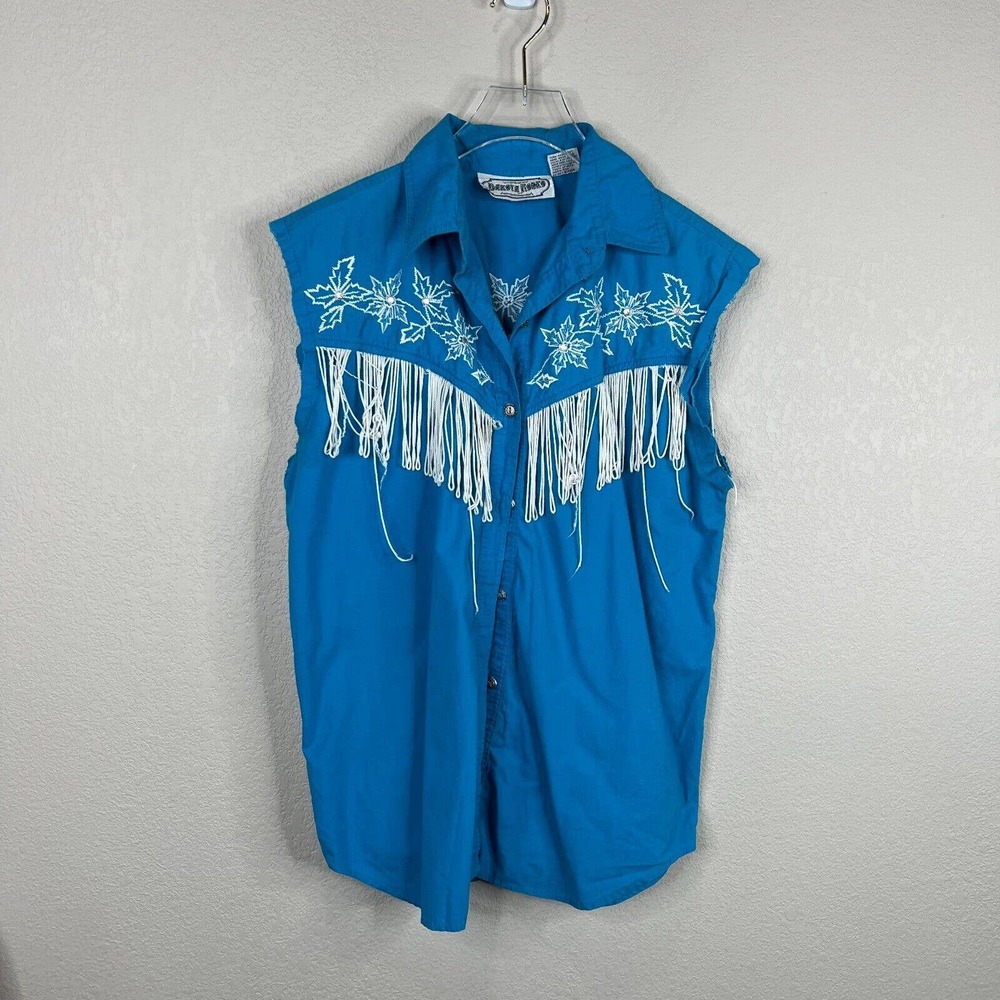 Dakota Rodeo Women Embroidered‎ Button Down Shirt Sleeveless Blue Medium Fringe